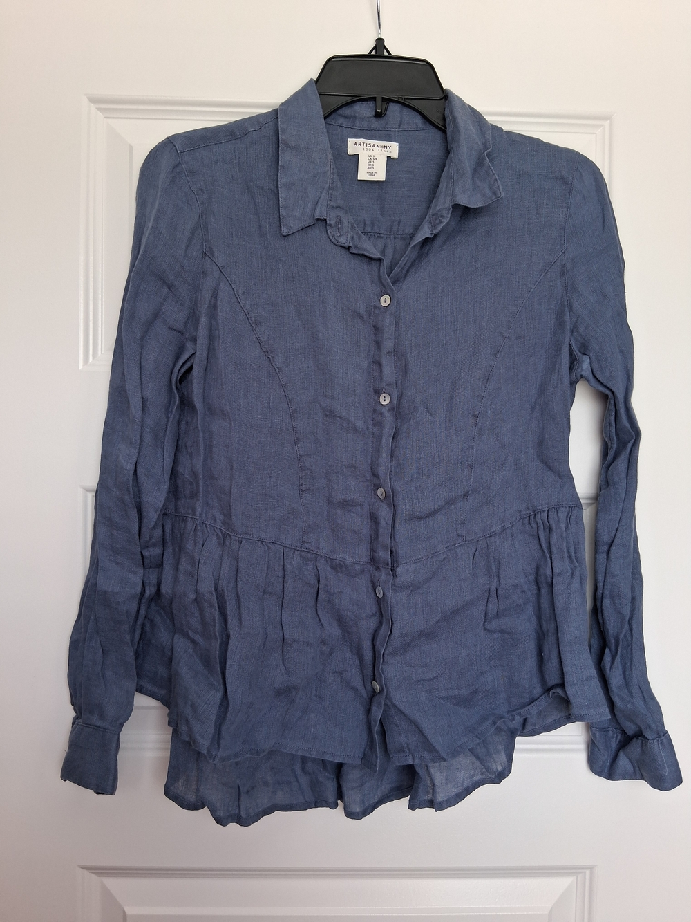 Artisan NY 100% Linen Denim Blue Button-Front Peplum Shirt